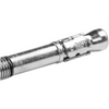 A close-up of a metallic silver metal connector fitting with a threaded section on the left and a locking clamp on the right