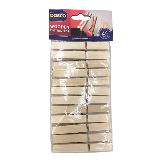 Pack of Dosco wooden clothes pegs on a white background