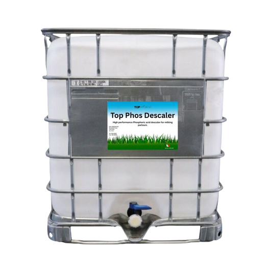 Large industrial container with a label for 'Top Phos Descaler' on a white background