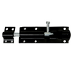 A black metal security door bolt with a silver-colored bolt and nut, shown against a plain white background.