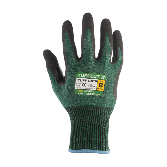 Green cut-resistant glove with black palm on a white background