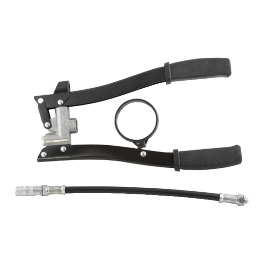 Mechanical component with black leather strap and metal parts on a white background