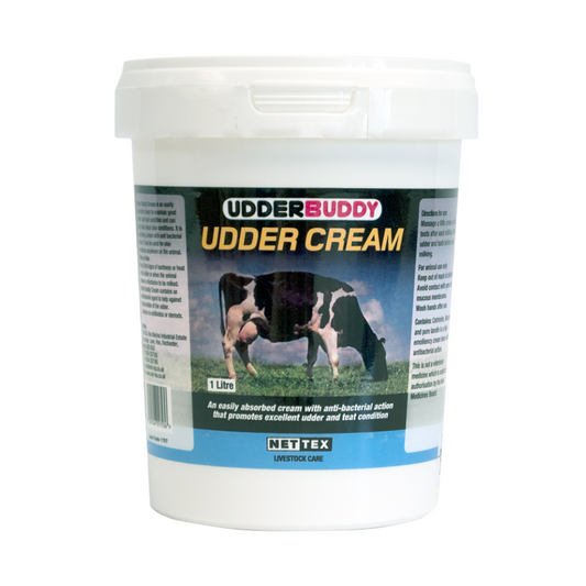Udder Buddy Udder Cream container with a cow on the label against a white background