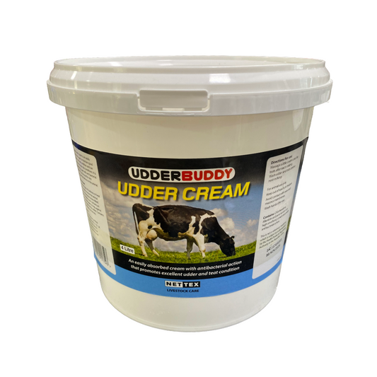 Udder Buddy Udder Cream container with a cow image on a white background