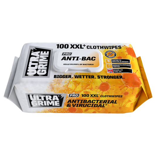 Pack of Ultra Grime cloth wipes with branding and product details on a white background