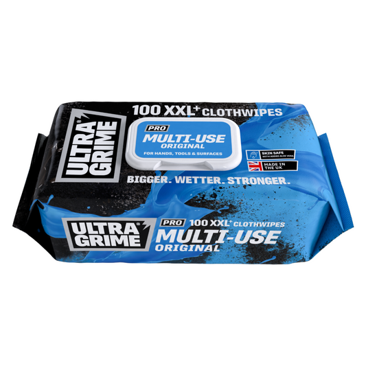 Pack of Ultra Grime multi-use cloth wipes on a white background