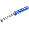 A blue plastic wall anchor screw with a silver metal threaded shaft and flat head, shown diagonally on a plain white background.