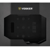 A close-up of a black rectangular racket with circular cutouts, shown against a dark gray background. The brand name 'VOSKER' with a yellow shield logo is printed above the product.