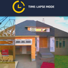 A collage showing a house in different stages of construction, with Tyvek wall wrap visible on exterior walls, under a dark banner that reads 'TIME-LAPSE MODE' with a yellow clock icon.