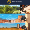 A promotional collage for an outdoor security camera showing the product mounted on a wooden wall, with trees, buildings, and a field in the background. The top banner reads 'EASY TO INSTALL' with a yellow checkmark icon.