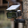 A Vosker wireless wildlife camera mounted on a tree trunk outdoors, featuring a black body, a small integrated solar panel on top, and a front-facing lens.
