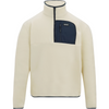 A men's quarter-zip fleece pullover in cream with a navy blue chest pocket and zipper panel, shown on a plain white background.