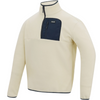An off-white quarter-zip fleece pullover with a navy blue chest pocket and trim, shown on a clean white background.