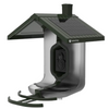 A FeatherSnap solar-powered bird feeder with a dark green roof and perch, a clear central body, and a black camera module on the front, shown on a solid white background.