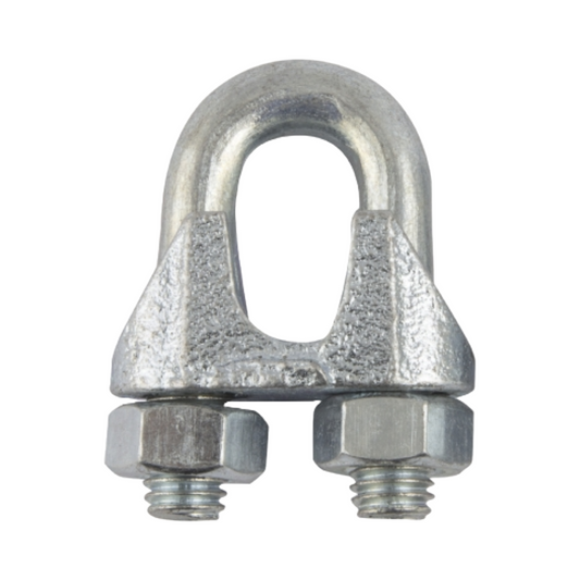 Metal wire rope clip with two bolts on a white background