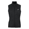Black puffer vest with a brand logo on a white background