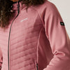 Pink quilted jacket with a brand logo on a neutral background
