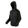 Black hooded jacket with visible brand logo on a white background