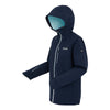 Navy blue jacket with a hood on a white background