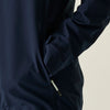 Close-up of a navy blue jacket with a zipper on a beige background