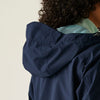 Navy blue hooded jacket worn by a person with a neutral background