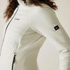 White jacket with brand logos on a neutral background