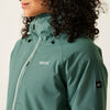 Teal jacket with a brand logo on a plain background