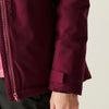 Close-up of a maroon jacket with a zipper on a neutral background