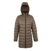 Brown puffer jacket with a hood on a white background