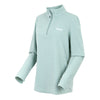 Light blue fleece pullover with a zipper on a white background