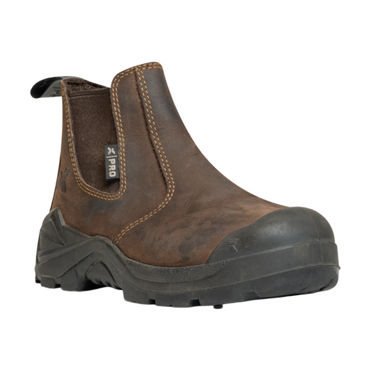 Brown ankle boot with black sole on a white background