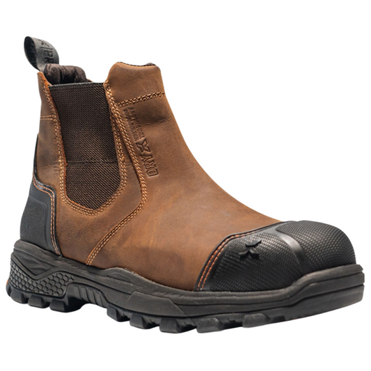 A brown leather safety Chelsea boot with a black toe cap, black elastic side panels, and a rugged black sole, shown on a plain white background.