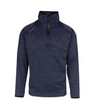 A dark heathered navy blue quarter-zip pullover jacket with a high collar and a small white Kipsta logo on the left shoulder, displayed on a clean white background.