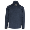 A dark heathered blue long-sleeve quarter-zip pullover jacket shown from the back, featuring a small gray geometric logo on the upper back.