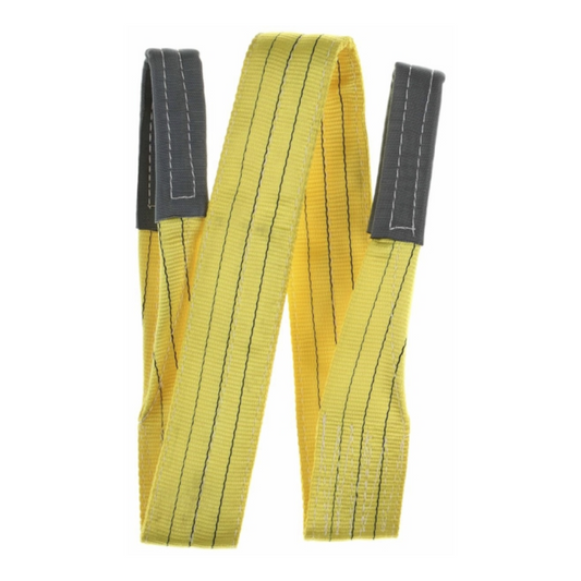 Yellow webbing strap with gray ends on a white background