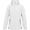 white jacket with black zipper and logo on white background