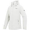 a white jacket shown from side with black logo and zipper on white background
