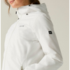 side view of white jacket and black logo