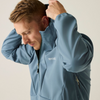 a close up of a man pulling up the hood of a blue jacket