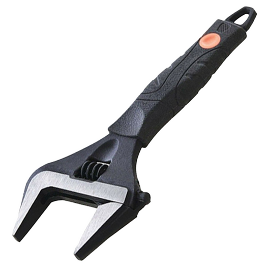 Adjustable wrench with a black textured handle and silver metal jaw, featuring a small orange accent button on the handle, shown on a plain white background.