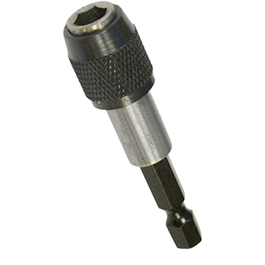A metal hex driver bit with a textured black knurled collar and a silver metallic shank, shown on a plain white background.