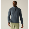 A man wearing a slate blue quarter-zip fleece pullover sweater and light khaki pants, standing against a solid light beige background.