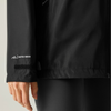 close up of black raincoat showing logo on sleeve