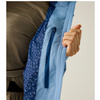 close up of interior fabric and pocket of blue jacket