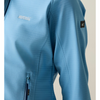 close up of a blue jacket with a white logo on the left side and zipper