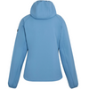 Back view of a hooded jacket with denim blue quilted body and solid blue sleeves, hood, and shoulder panels, shown on a plain white background.