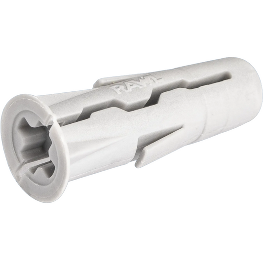 A light gray plastic wall plug with a slotted center 
