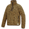 A fleece pullover jacket with a tan and brown leopard print pattern, featuring a stand-up collar, a half-zip front, and zippered pockets.
