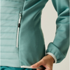 Close-up of a person wearing a teal quilted jacket, showing the side zip pocket, sleeve cuff, and hand adjusting the hem.