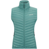 A teal sleeveless crewneck sweatshirt with a small coral and dark green logo on the left chest, displayed on a clean white background.